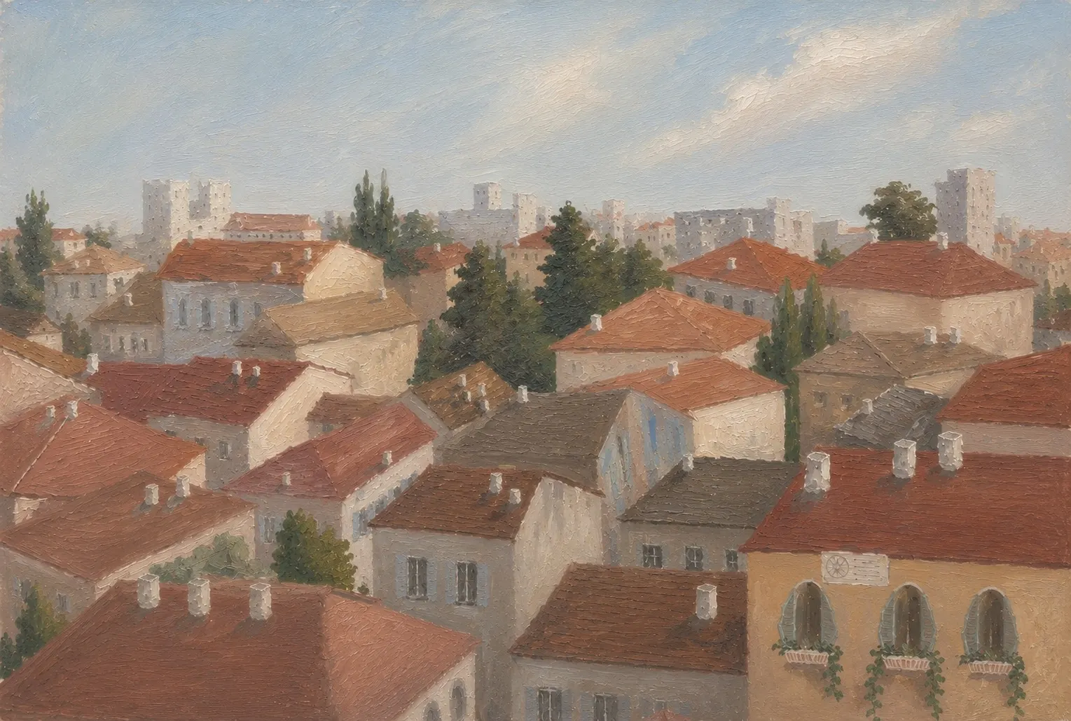 Tiled rooftops of Nachlaot, Jerusalem, under a soft sky